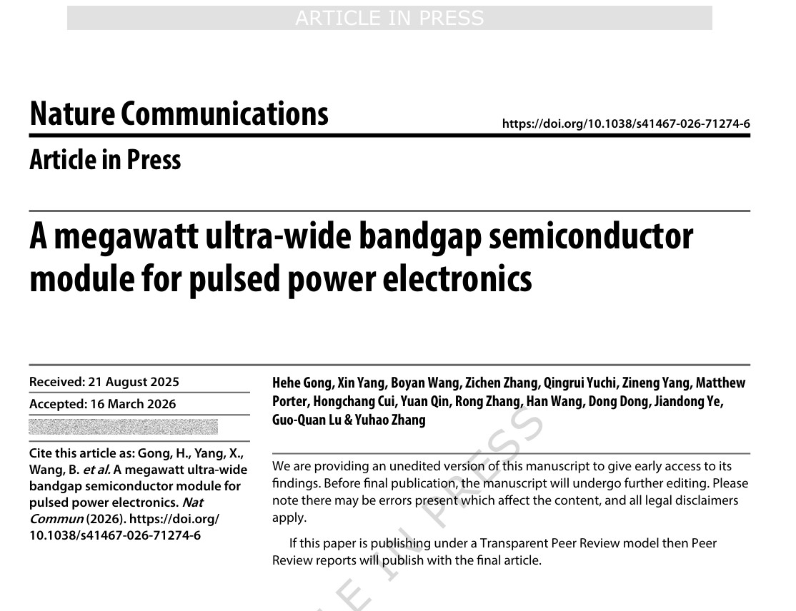 香港大学张宇昊教授教授、南京大学叶建东教授 Nat.Commun.：面向脉冲功率电子学的兆瓦级超宽禁带半导体模块